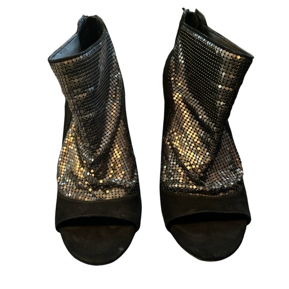 Elizabeth and James Black Suede Silver Metallic Peep Toe Heeled Booties Size 7.5 - Picture 7 of 9
